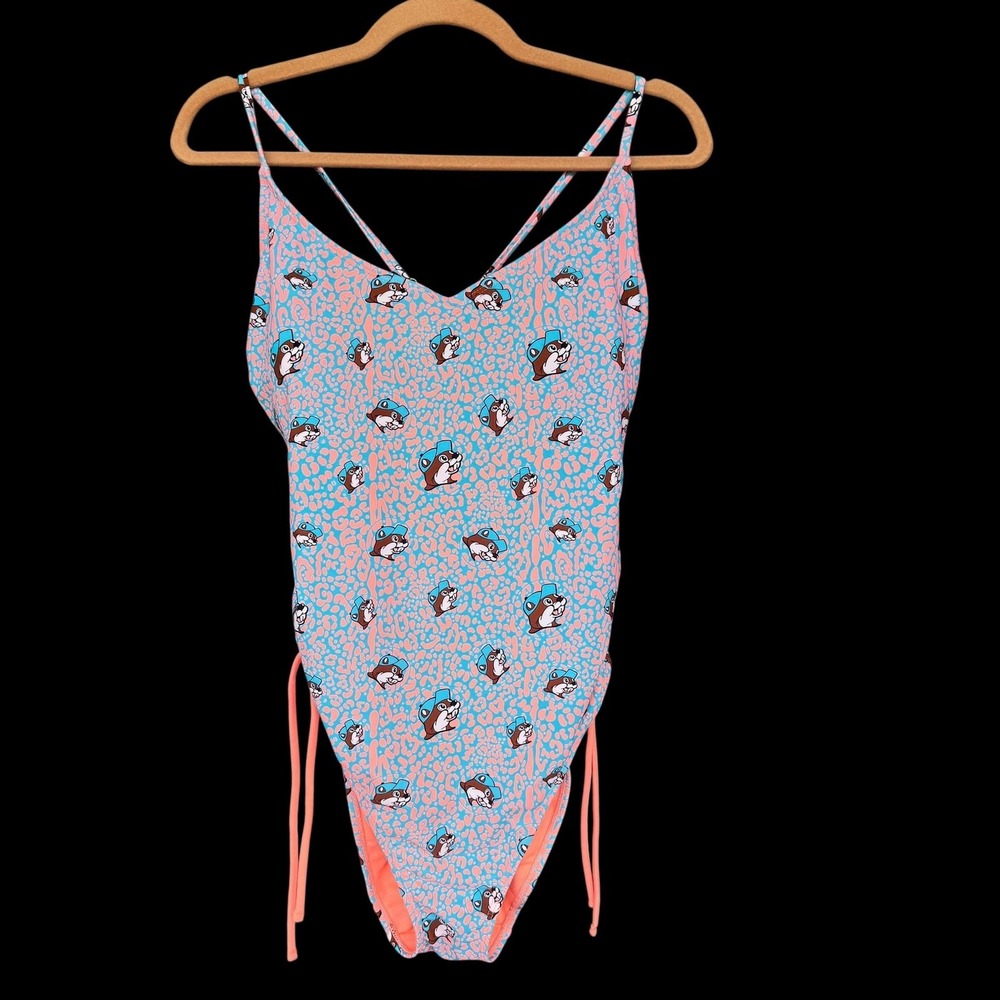 Buc-ee's Swimsuit Womens 2X Blue Pink One Piece Adjustable Strap Beaver Logo